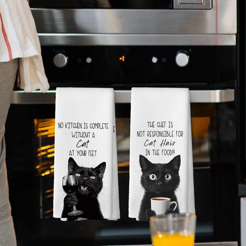 Mcehtle Funny Cat Kitchen Towels Set of 2, Cats Kitchen Accessories, Coffee Wine Station Decor, Chef Gift Hand Towel, No Kitchen is Complete Without a Cat at Your Feet Tea Towel 16x24 Inch - Image 2